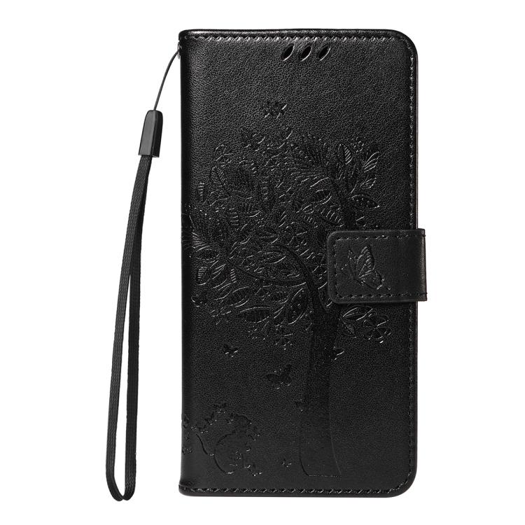 Funda de cuero con tapa y diseño de árbol y gato en relieve para Samsung Galaxy S25 FE 5G (negra)