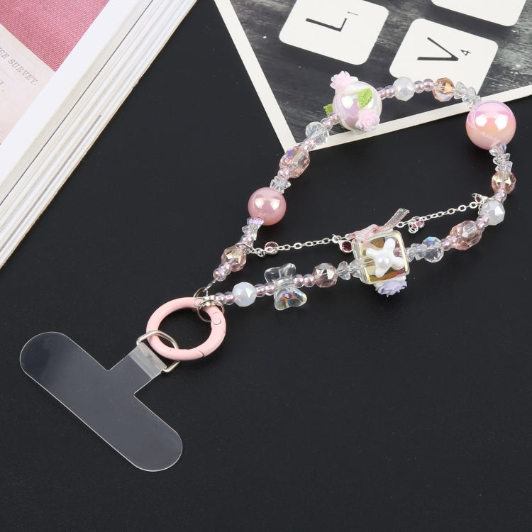 Cordón corto con cadena de cuentas y flores antipérdida para teléfono móvil (Rosa)