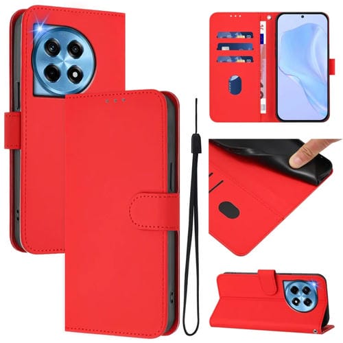 Funda de Cuero con Cordón para OnePlus 12 5G con Tacto de Piel (Rojo)