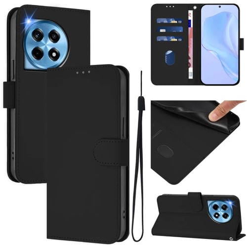 Funda de Cuero con Cordón para OnePlus 12R 5G con Tacto de Piel (Negro)