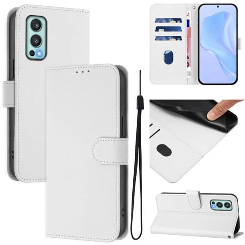 Funda de Cuero para OnePlus Nord 2 5G con Textura de Piel y Cordón (Blanco)