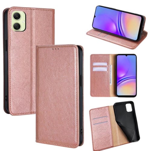 Funda magnética de cuero con acabado brillante y aceite para Samsung Galaxy A05 4G (oro rosa)