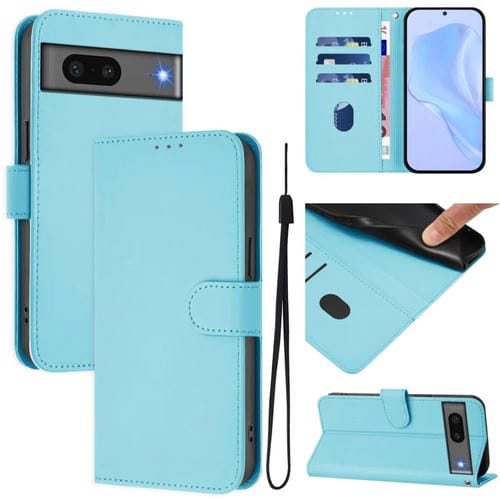 Funda de Cuero con Cordón para Google Pixel 7 (Azul Cielo) Diseño Piel Liso y Tacto Agradable