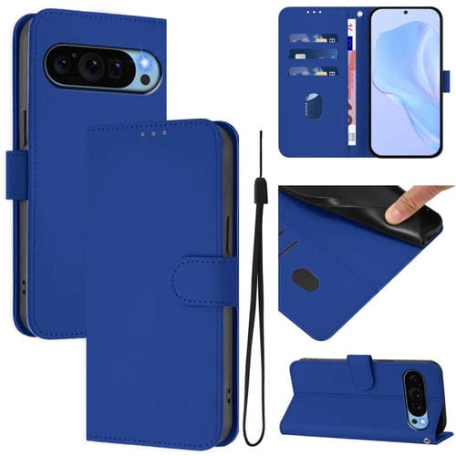 Funda de Cuero con Cordón para Google Pixel 9 y Pixel 9 Pro (Azul Oscuro)