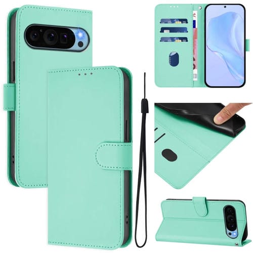 Funda de Cuero con Cordón para Google Pixel 9 y Pixel 9 Pro (Verde Menta)