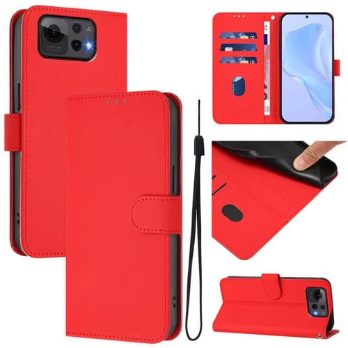 Funda de Cuero con Textura de Piel y Cordón para Asus Zenfone 12 Ultra (Rojo)