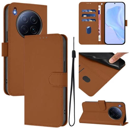 Funda de piel con textura de color liso y cordón para Tecno Camon 40 Premier Skin Feel (marrón)