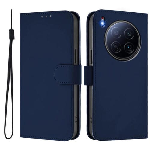 Funda de piel con textura de color liso y cordón para Tecno Camon 40 Premier Skin Feel (azul marino)