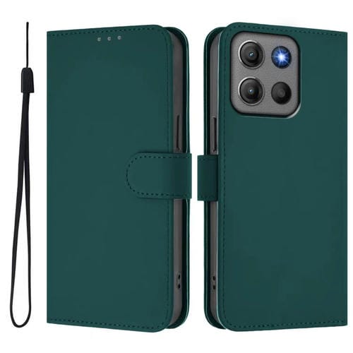 Funda de cuero con cordón para Motorola Moto G15 Power, color sólido y tacto suave (verde oscuro)