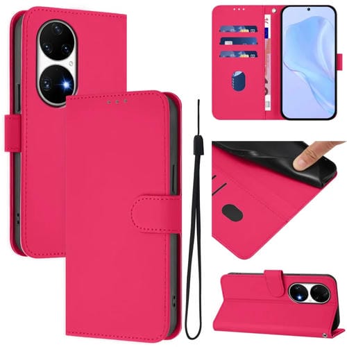 Funda de Piel Sintética con Cordón para Huawei P50 Pro (Rosa y Rojo)