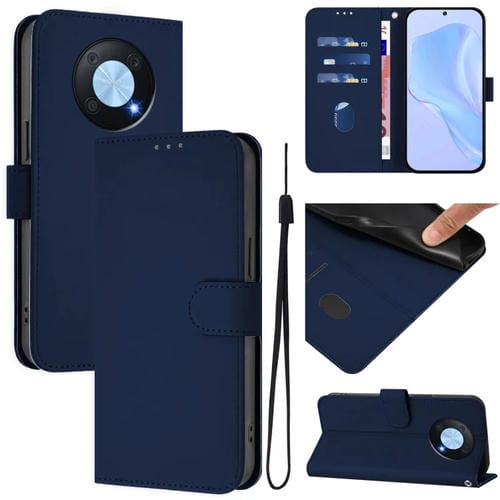 Funda de Cuero con Cordón para Huawei Enjoy 50 Pro 4G y Nova Y90 con Tacto de Piel (Azul Marino)