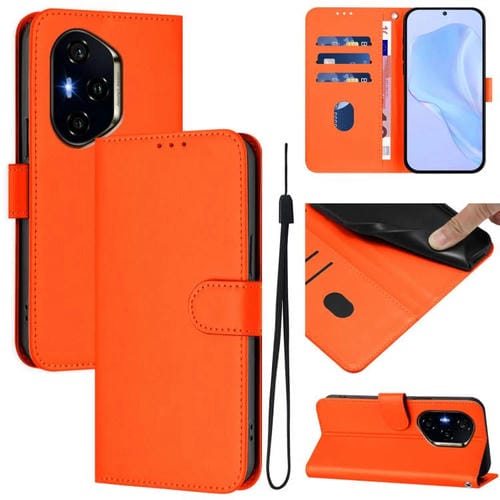 Funda de Cuero con Textura de Piel y Cordón para Honor 300 Pro/300 Ultra (Naranja)