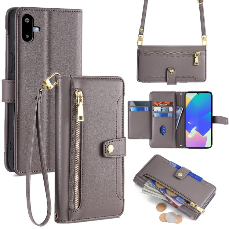 Funda de cuero tipo cartera con cremallera y textura de oveja para Samsung Galaxy F06 5G (gris)