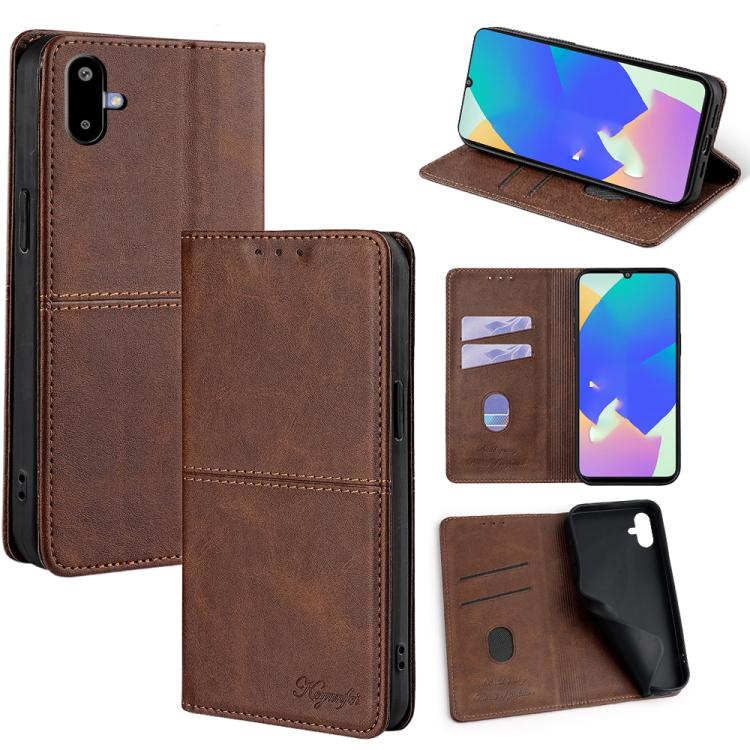 Funda magnética de cuero con textura de vaca para Samsung Galaxy F06 5G (marrón oscuro)
