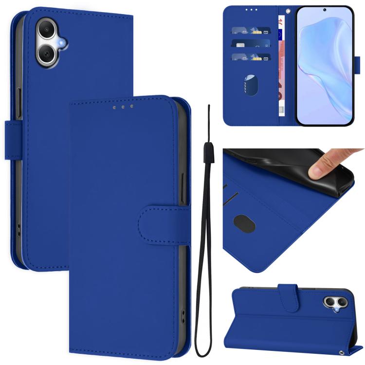 Funda de piel con textura de color liso y cordón para Samsung Galaxy A07 4G (azul oscuro)