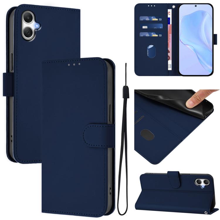 Funda de piel con textura de color liso y cordón para Samsung Galaxy A07 4G (azul marino)