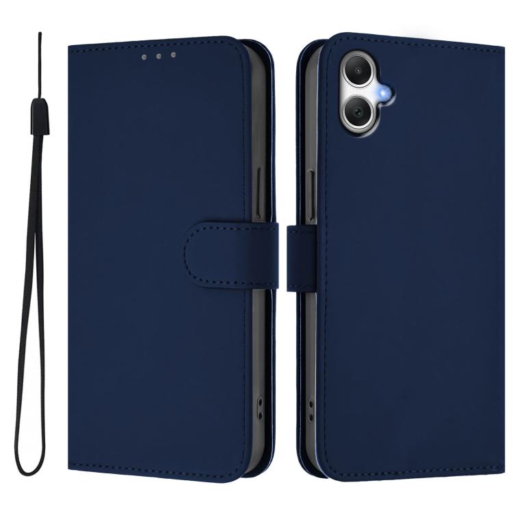 Funda de piel con textura de color liso y cordón para Samsung Galaxy A07 4G (azul marino)
