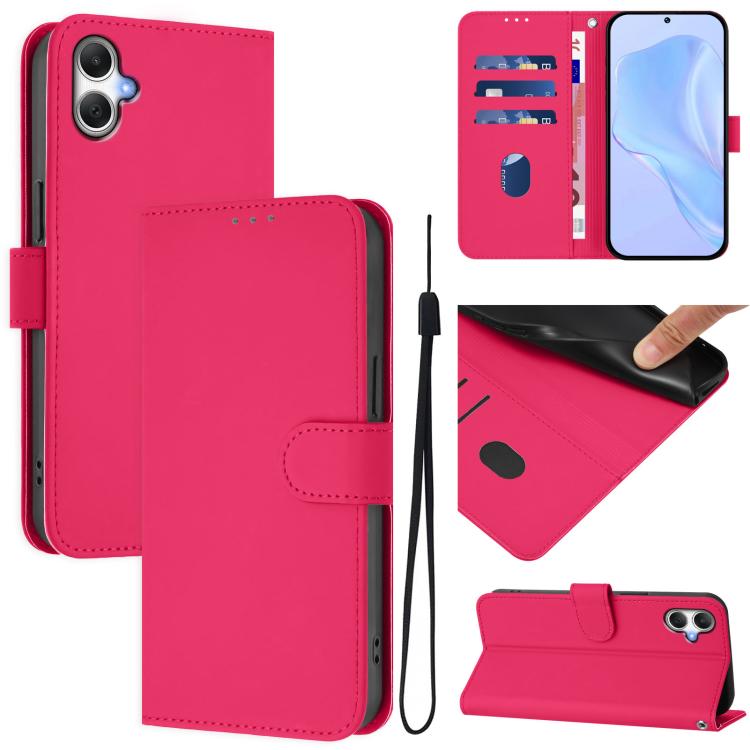 Funda de piel con textura de color liso y cordón para Samsung Galaxy A07 4G (rosa y rojo)