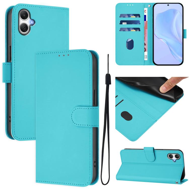 Funda de piel con textura de color liso y cordón para Samsung Galaxy A07 4G (azul lago)