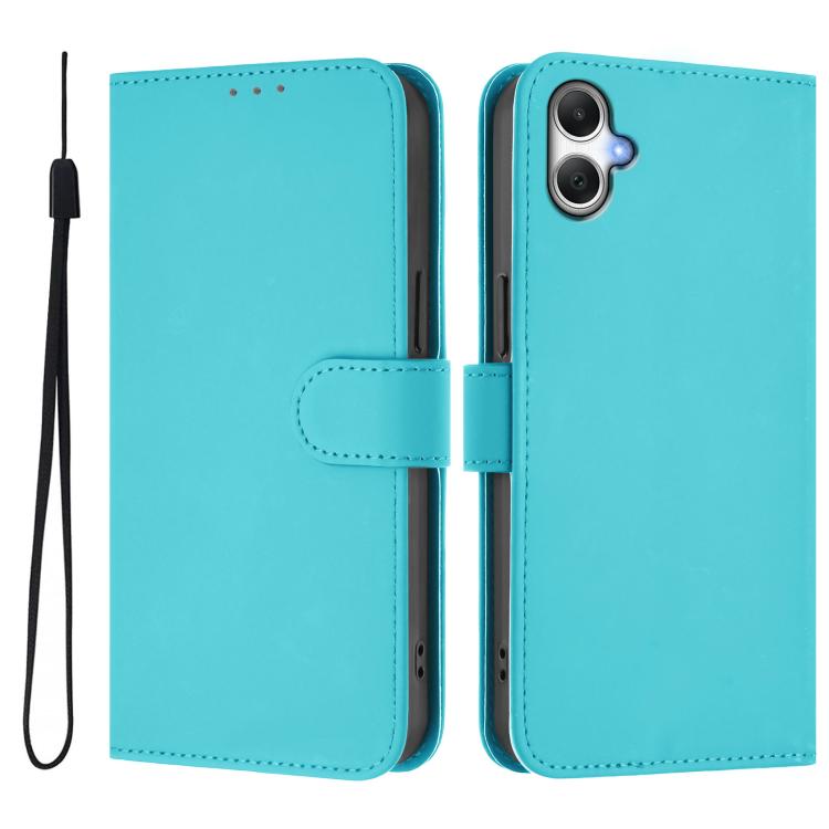 Funda de piel con textura de color liso y cordón para Samsung Galaxy A07 4G (azul lago)