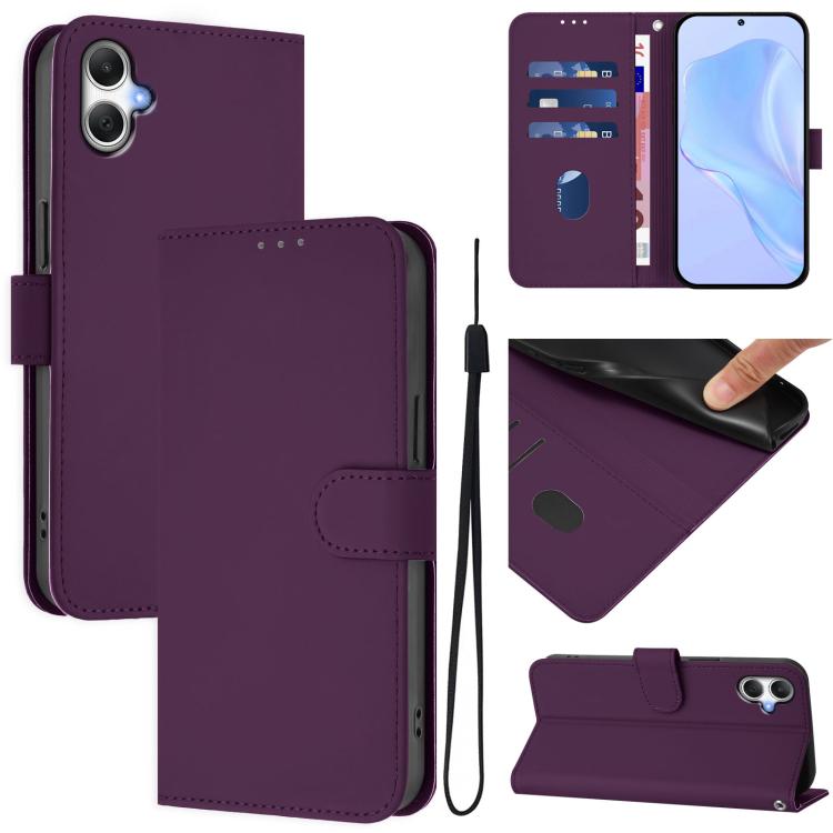 Funda de piel con textura de color liso y cordón para Samsung Galaxy A07 4G (violeta)
