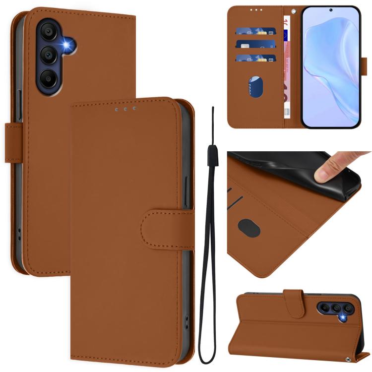 Funda de piel con textura de color liso y cordón para Samsung Galaxy A17 5G (marrón)