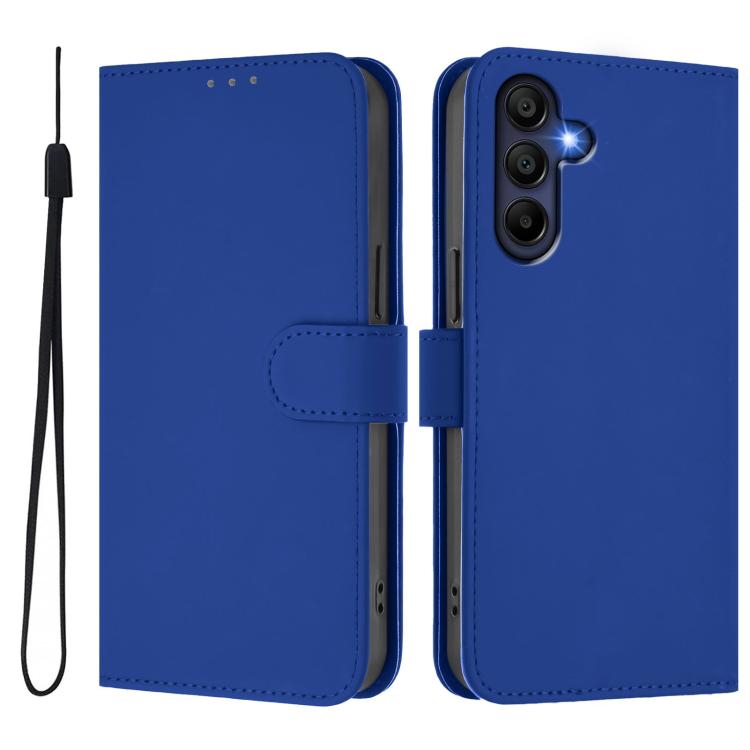 Funda de piel con textura de color liso y cordón para Samsung Galaxy A17 5G (azul oscuro)