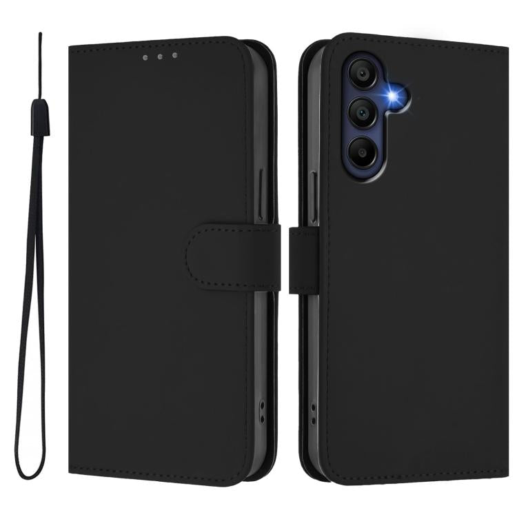 Funda de piel con textura de color liso y cordón para Samsung Galaxy A17 5G (negro)