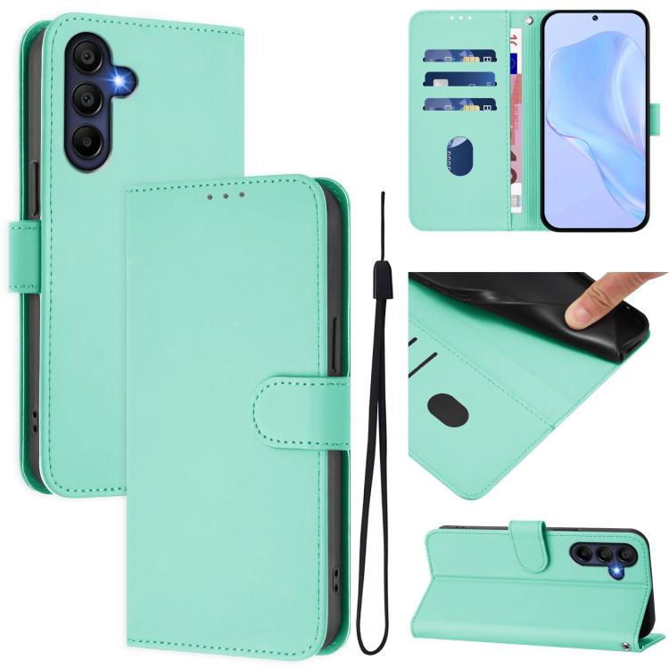 Funda de piel con textura de color liso y cordón para Samsung Galaxy A17 5G (verde menta)