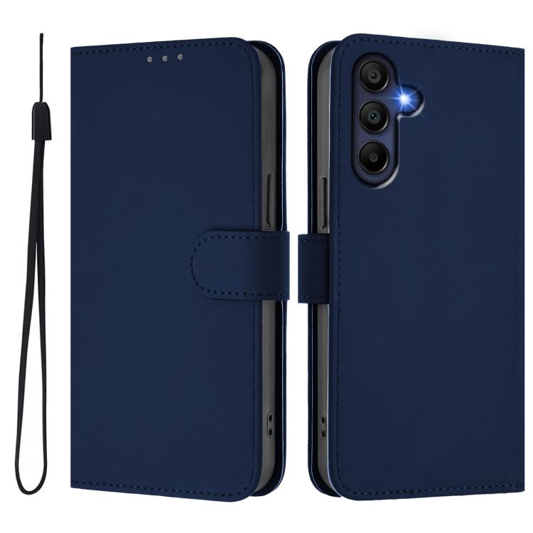 Funda de piel con textura de color liso y cordón para Samsung Galaxy A17 5G (azul marino)