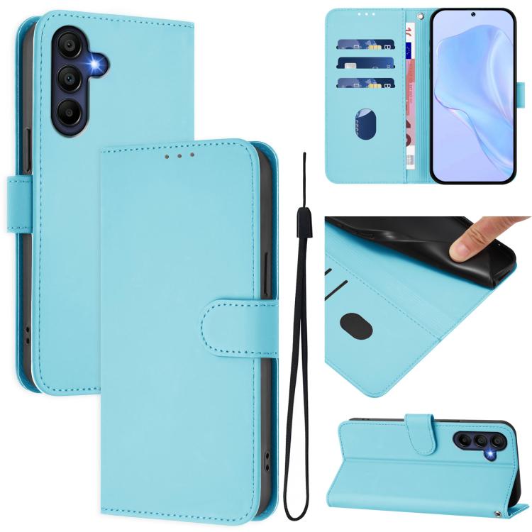 Funda de piel con textura de color liso y cordón para Samsung Galaxy A17 5G (azul cielo)
