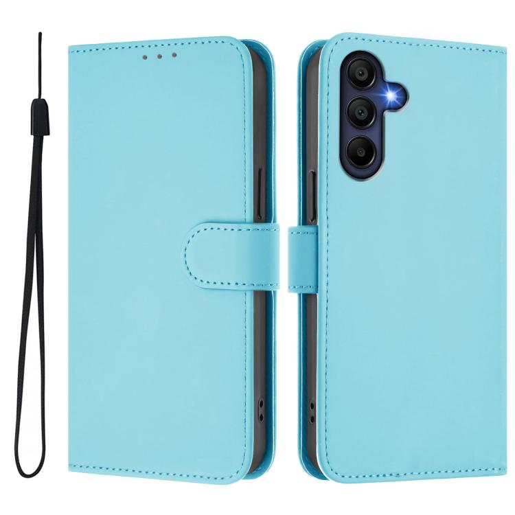 Funda de piel con textura de color liso y cordón para Samsung Galaxy A17 5G (azul cielo)