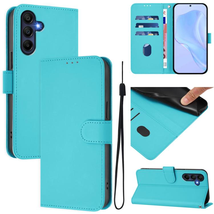 Funda de piel con textura de color liso y cordón para Samsung Galaxy A17 5G (azul lago)