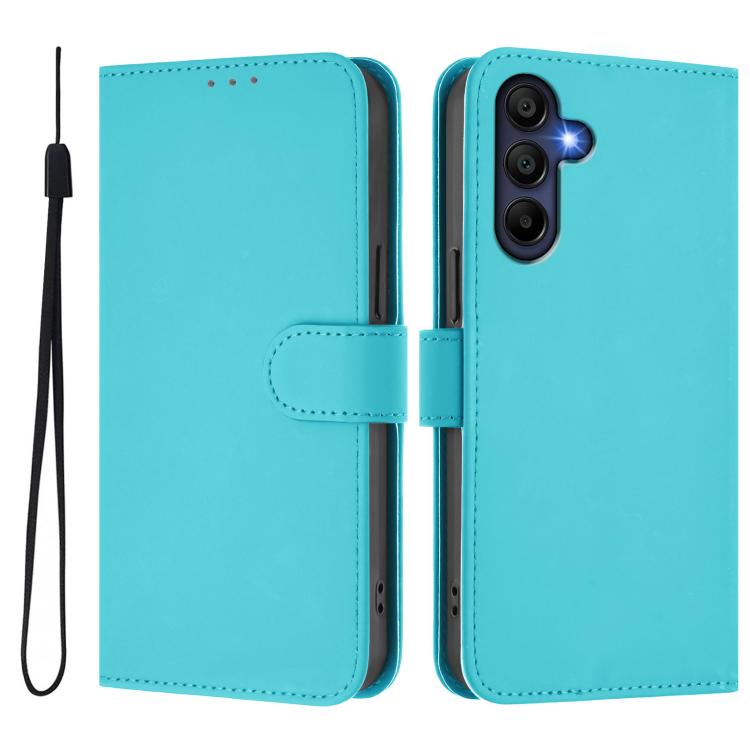 Funda de piel con textura de color liso y cordón para Samsung Galaxy A17 5G (azul lago)