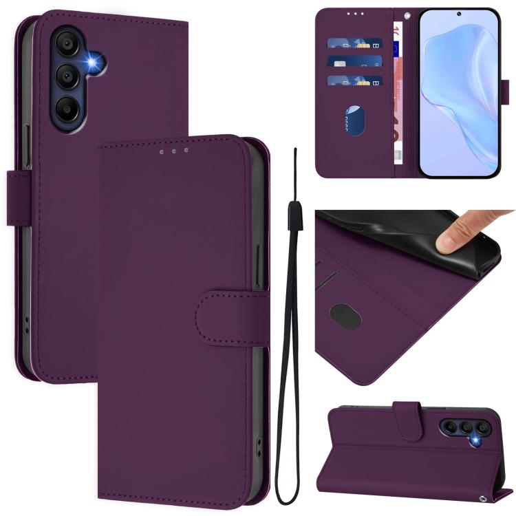 Funda de piel con textura de color liso y cordón para Samsung Galaxy A17 5G (violeta)