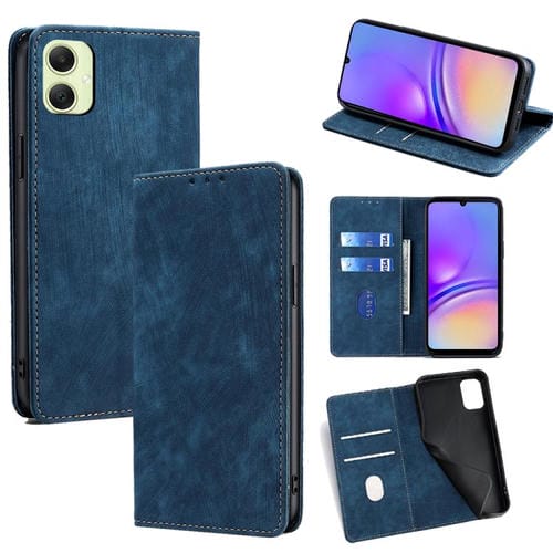 Funda de cuero magnética con cepillo antirrobo RFID para Samsung Galaxy A05 4G (azul)