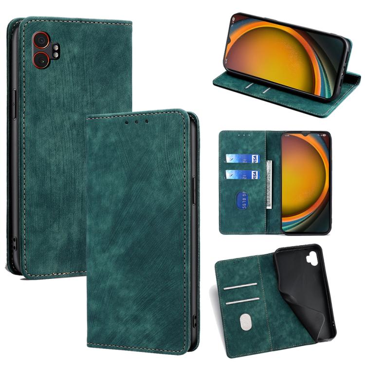 Funda de cuero magnética con cepillo y antirrobo RFID para Samsung Galaxy Xcover 7 Pro 5G (verde)