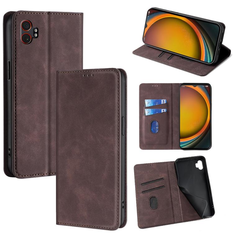 Funda de cuero magnética con textura de piel para Samsung Galaxy Xcover 7 Pro 5G (marrón oscuro)