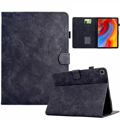 Funda inteligente de cuero Samsung Galaxy Tab S6 Lite P610 con estampado de flores y pájaros (Negra)