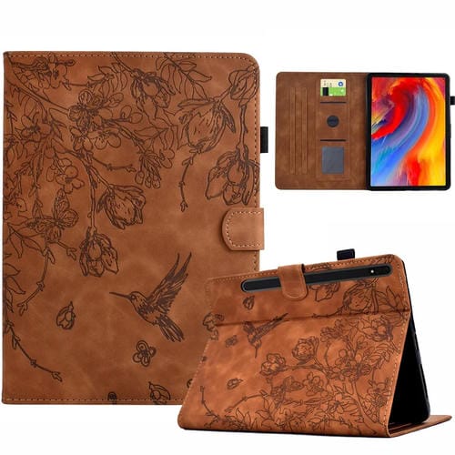 Funda Cuero Inteligente Samsung Galaxy Tab S7/S8 Estampado Flores Pájaros (Marrón)
