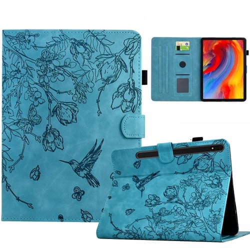 Funda inteligente Cuero Samsung Galaxy Tab S7/S8 Estampado Flores Pájaros (Azul Claro)