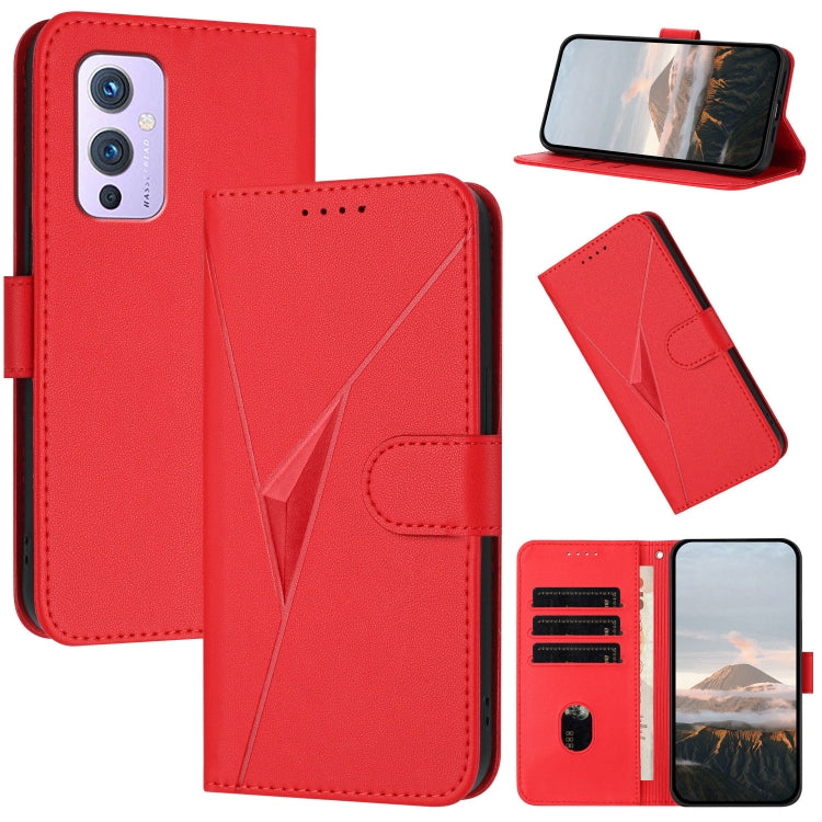 Funda de Cuero OnePlus 9 con Cierre de Hebilla y Diseño Triangular (Rojo)