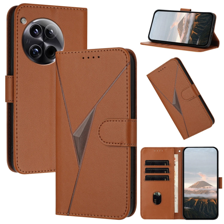 Funda de Cuero para OnePlus 12 con Cierre de Hebilla y Diseño Triangular (Marrón)