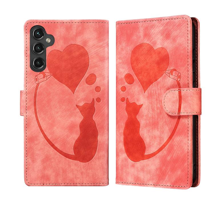 Funda de cuero con relieve de gato y corazón para Samsung Galaxy S25 FE 5G (naranja)