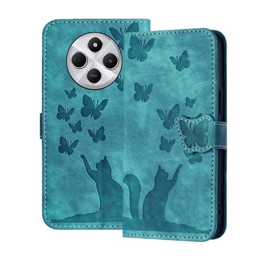 Funda de Cuero con Tapa y Diseño de Gato y Mariposa para Xiaomi Poco C75 (Wathet)