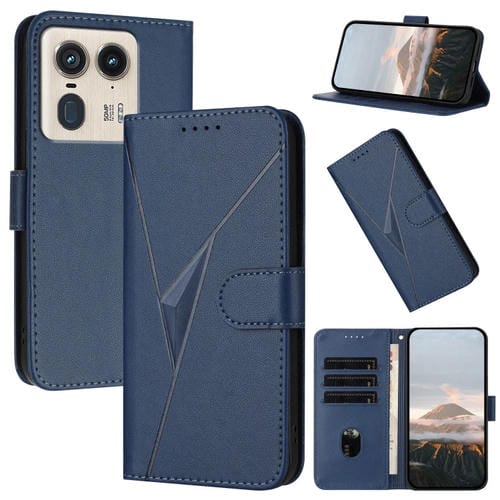 Funda de Cuero con Hebilla y Diseño de Triángulos para Motorola Edge 50 Ultra (Azul Real)