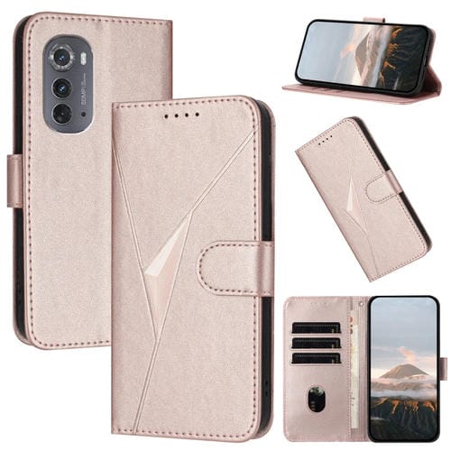 Funda de Cuero Motorola Edge 2022 con Cierre de Hebilla y Diseño Triangular (Oro Rosa)