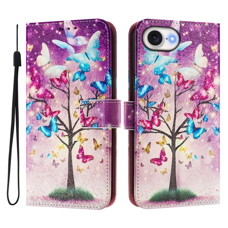 Funda de Cuero iPhone 16E Patrón Dibujo Artístico Rama de Mariposa (Color)