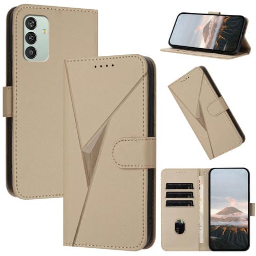 Funda de Cuero Samsung Galaxy M13 India F13 con Hebilla y Diseño Triangular (Dorada)