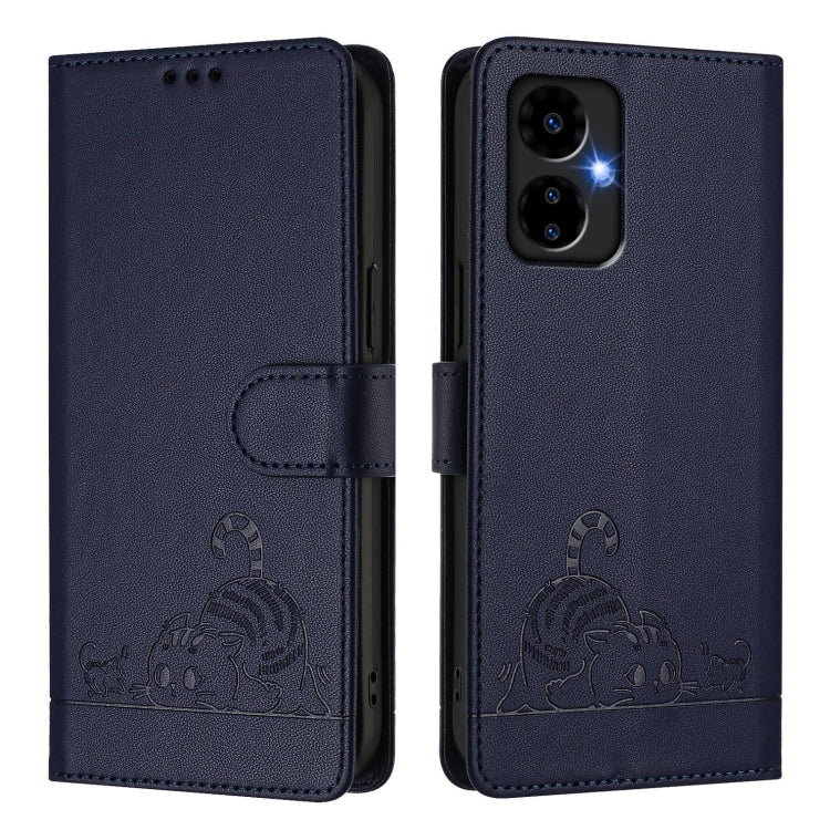 Funda de Cuero Rfid con Relieve Gato y Rata para Boost Mobile Celero 5G (2024) con Cordón (Azul)